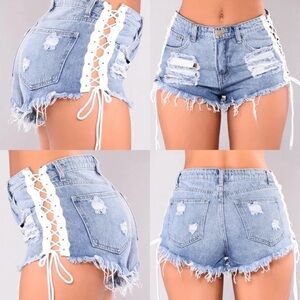 Lace-Up Distressed Denim Shorts - Light Blue